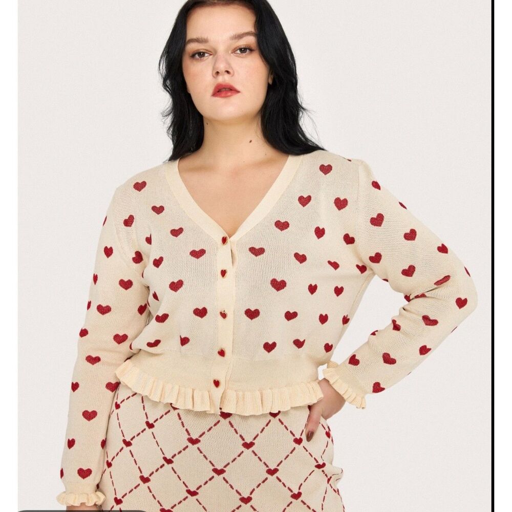 Cider Heart Pattern Knit Cardigan Curve & Plus Size 1XL